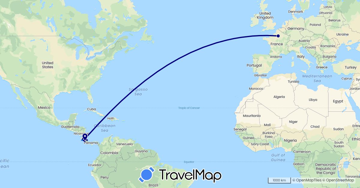 TravelMap itinerary: driving, boat in Costa Rica, France (Europe, North America)