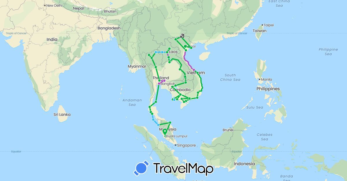 TravelMap itinerary: driving, bus, train, boat, motorbike in Cambodia, Laos, Malaysia, Thailand, Vietnam (Asia)